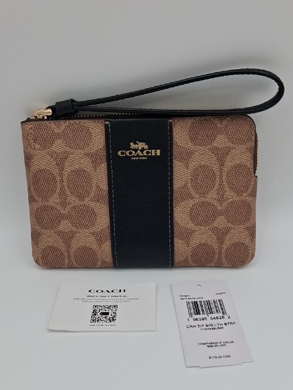 Coach Brown Signature Canvas Wristlet with Black Stripe and Gold Logo